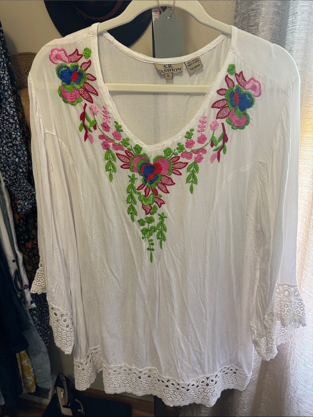 SR Fashion White Embroidered V-Neck Tunic with Pink & Green Accents